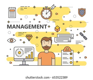 Management concept vector illustration. Modern thin line flat design elements, icons for web, marketing, presentation and printing.