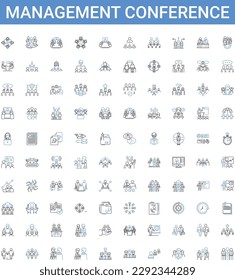 Übersicht über die Symbole der Managementkonferenz. Management, Konferenz, Veranstaltung, Seminar, Business, Strategien, Vernetzung Vektorgrafik Set. Führungs-, Planungs-, Branchenzeichen