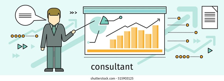 Management consulting banner. Consultant in business suit and tie making a presentation near whiteboard with infographics. Shows business graphs. Business consulting, business strategy concept.