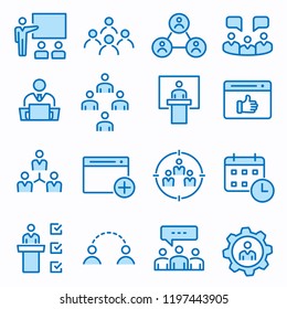 Management consulting flat line icons. Set of consult, team, meeting, businessman, workshop and more. Editable Stroke. Change to any size and any colour.