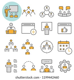 Management consulting flat line icons. Set of consult, team, meeting, businessman, workshop and more. Editable Stroke.