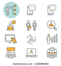 Management consulting flat line icons. Set of consult, team, meeting, businessman, workshop and more. Editable Stroke.