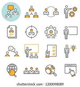 Management consulting flat line icons. Set of consult, team, meeting, businessman, workshop and more. Editable Stroke.