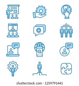 Management consulting flat line icons. Set of conference, consult, team, workshop and more. Editable Stroke. Change to any size and any colour.
