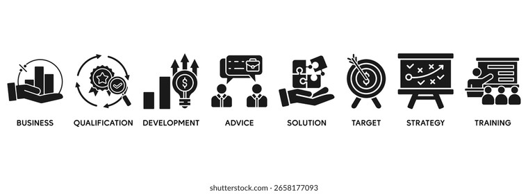 Management consulting icon set vector illustration concept relate to business, qualification, development, advice, solution, target, strategy, training