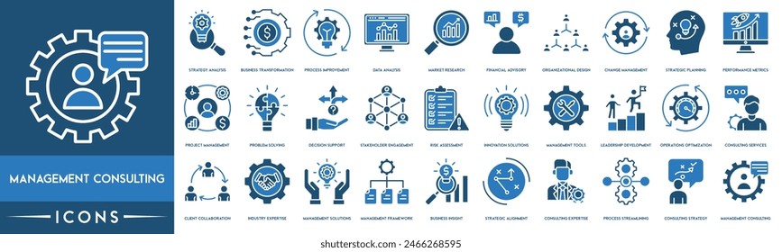 Management Consulting icon. Strategy Analysis, Business Transformation, Process Improvement, Data Analysis, Market Research, Financial Advisory, Organizational Design, and Change Management icon