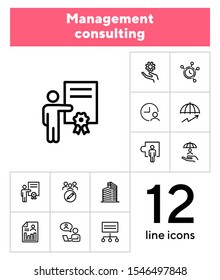 Management consulting line icon set. Office, employee, gear, clock. Business concept. Can be used for topics like analysis, advice, protection