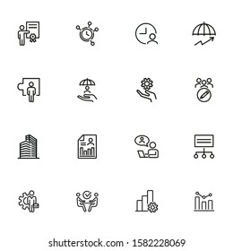 Management consulting line icon set. Office, employee, gear, clock. Business concept. Can be used for topics like analysis, advice, protection