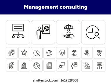 Management consulting line icon set. Award, protection, office building. Business concept. Can be used for topics like expertise, analysis, support
