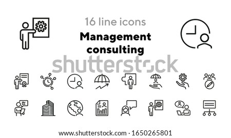 Management consulting line icon set. Award, protection, office building. Business concept. Can be used for topics like expertise, analysis, support