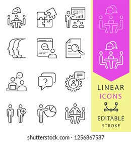 Management consulting line icons. Set of consult, team, businessman, workshop and more. Vector illustration isolated for graphic and web design. Editable stroke - part 4