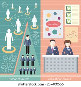 Management consulting services and human resource icons. Linked people. Human resource network template, info graphics in flat design