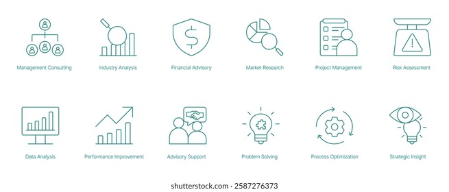 Management Consulting Vector Icon Set for Industry Analysis Financial Advisory Market Research Project Management and Risk Assessment