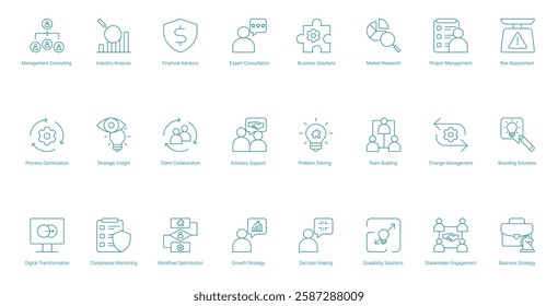 Management Consulting Vector Icon Set for Industry Analysis Financial Advisory and Digital Transformation
