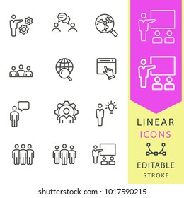 Management consulting vector icons set. Black illustration isolated for graphic and web design. Editable stroke. Business, workshop, conference, meeting, ets.