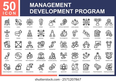 Management Development Program icon collection set.
benchmarking,initiative,performance,strategic,point of view,continuous improvement,conflict resolution,networking Icon Symple Line Vector
