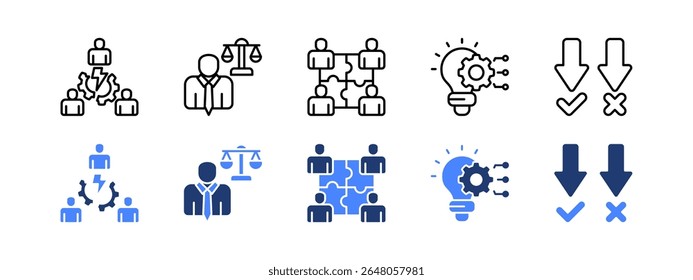 Management Development Program icon set.  with Conflict management, Ethical leadership, Team building, Innovation, Decision. editable stroke icon set.