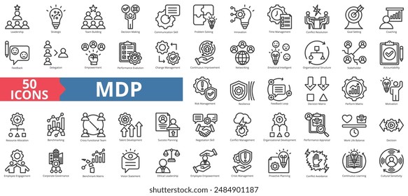 Programa de desarrollo de gestión del conjunto de colecciones de iconos de concepto de mdp. Conteniendo liderazgo, estrategia, formación de equipos, toma de decisiones, icono de habilidades de comunicación. Vector de línea simple.