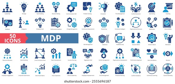 Management development program of mdp concept icon collection set. Containing leadership, strategic, team building, decision making, communication skill icon. Simple flat vector.