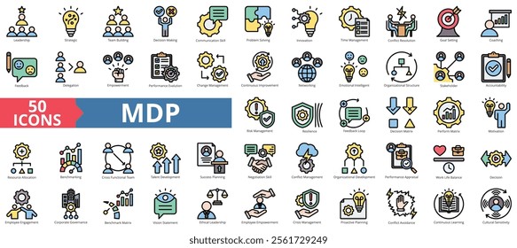 Management development program of mdp concept icon collection set. Containing leadership, strategic, team building, decision making, communication skill icon. Simple flat outline vector illustration