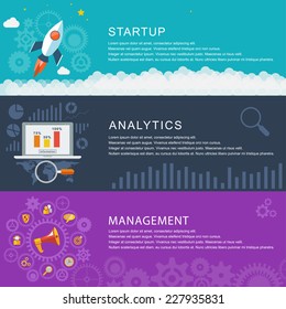 Management digital marketing srart up planning and analytics design and development launch, data. Flat design style modern vector illustration concept for web and infographic. Banners for websites.