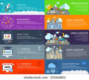 Management digital marketing srart up planning and analytics ,media, travel, social, traffic, e-commerce, City landscape at daylight, evening and night. Vector web design and infographic