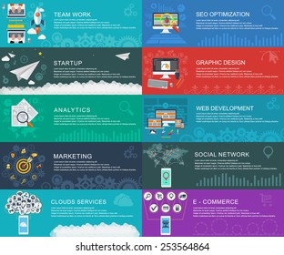 Management digital marketing srart up planning analytics Global Social Network clouds services e-commerce web developmeny seo optimization graphic design and development launch Vector infographic