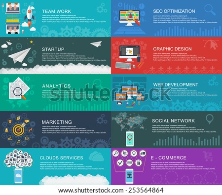 Management digital marketing srart up planning analytics Global Social Network clouds services e-commerce web developmeny seo optimization graphic design and development launch Vector infographic