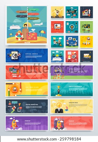 Management digital marketing srartup and analytics and development launch. Banners for websites. Icons for web design analytics graphic design and pay per click internet advertising in flat design