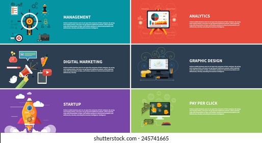 Management digital marketing srartup planning and analytics design and development launch. Banners for websites. Analytics graphic design and pay per click internet advertising in flat design