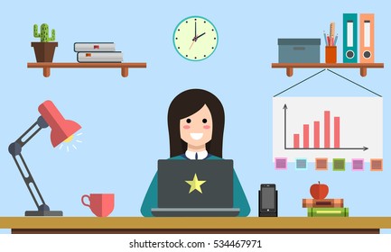 Management and digital marketing startup, analytics design. Girl with laptop. Business workplace.