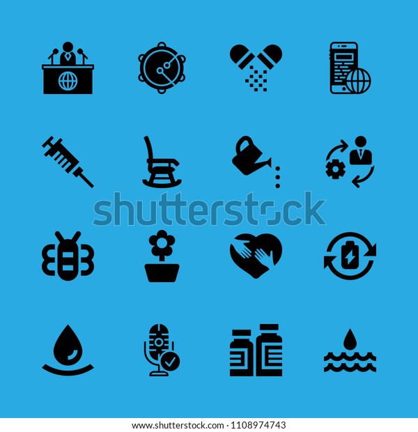 management, drop, watering can, shaking\
hands inside a heart, news reporter, tambourine, rocking chair,\
microphone and smartphone vector icon. Simple icons\
set
