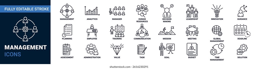 Management editable icon set. Time management, plan and HR line symbol.