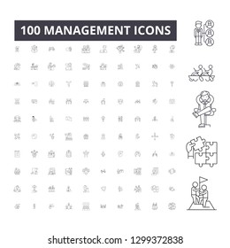 Management editable line icons, 100 vector set, collection. Management black outline illustrations, signs, symbols