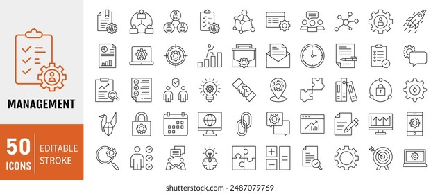 Management editable stroke outline icons set. Management, mission, growth, achievement, teamwork, strategy and communication. Vector illustration