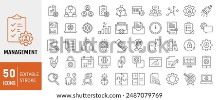 Management editable stroke outline icons set. Management, mission, growth, achievement, teamwork, strategy and communication. Vector illustration