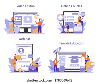 Management education online service or platform set. Idea of business work with people and strategy making for success. Online course, education, video lesson, webinar. Isolated vector illustration