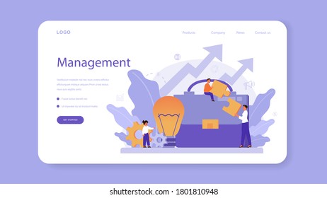 Banner web o página de inicio del curso de educación en administración. Idea de trabajo empresarial con personas y estrategia para el éxito. Ilustración vectorial aislada