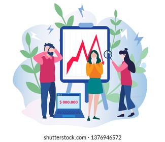 Management failed to achieve profit, sad business people around, Business on falling down chart, arrow, Business fail, risk, problem. Vector illustration.