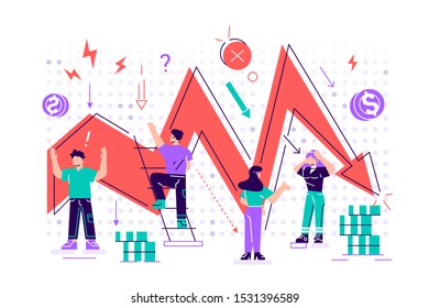 Management failed to achieve profit, sad business people around, Business on falling down chart, arrow, Business fail, risk, problem. Flat style vector design illustration concept for web page, poster