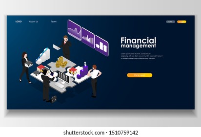 Management financial strategy. Consulting team. Collaboration concept with collaborative people. Business  planning. Flat isometric characters vector illustration.