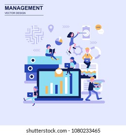 Management flat design concept blue style with decorated small people character. Conceptual vector illustration for web design, marketing, graphic design.