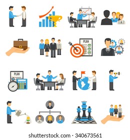 Management flat icons set with businessmen on work meeting and conferences isolated vector illustration