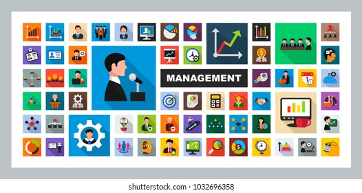 Management flat icons set. Vector illustration.