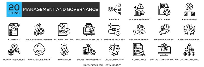 management and governance icon collection set. Containing design Project Management, Crisis Management, Document Management, Change , Contract