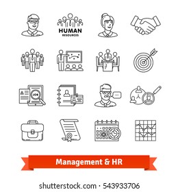 Management & Human resources. Thin line art icons set. Consulting, team work, office people. Linear style symbols isolated on white.