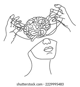 Management of human thoughts.  Brain management.  Control.  Hands and brain.  Head with brains.  Think.  Brains on strings.  Theatrical character control. Vector image.  Unique image.