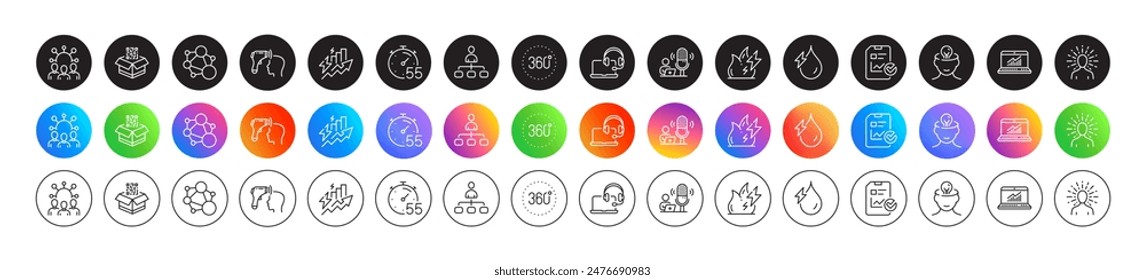 Management, Hydroelectricity and 360 degrees line icons. Round icon gradient buttons. Pack of Consumption growth, Online statistics, Squad icon. Yoga, Fire energy, Mental health pictogram. Vector