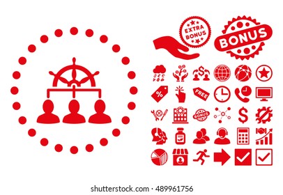 Management icon with bonus design elements. Vector illustration style is flat iconic symbols, red color, white background.