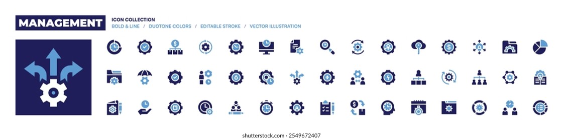 Management icon collection. Bold style. Duotone colors. content, crisis, time management, gear, settings, oil industry, management.